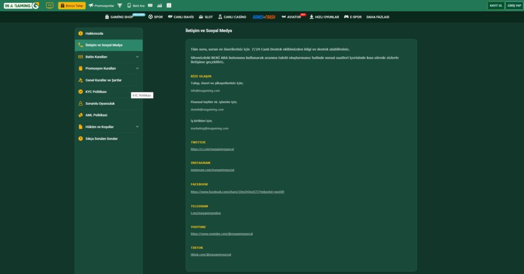 inagaming sosyal medya iletişim bilgileri